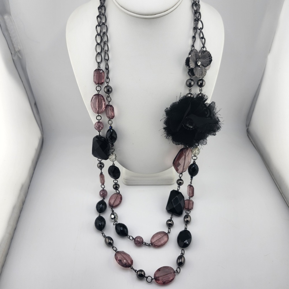 New York And‎ Co Long Beaded Flower Double Strand Layered Necklace